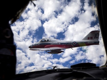 Snowbird 11 Co-ordinator: Captain Paul Faulkner took Postmedia photographer for a flight Saturday April 29, 2017. Snowbird 10 Co-ordinator: Captain Blake McNaughton was in a second plane flying with Faulkner. The Snowbirds are in the Ottawa Gatineau region for the Aero150 air show being held at the Gatineau Ottawa Executive Airport.  Ashley Fraser/Postmedia