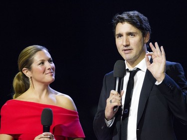 Sophie Gregoire and Prime Minister Justin Trudeau offer their tribute to Leonard Cohen at the Juno Awards held on Sunday at the Canadian Tire Centre.