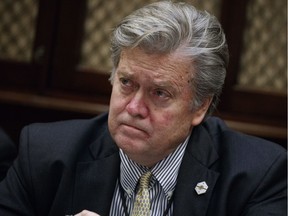 FILE - In this Feb. 7, 2017 file photo, White House chief strategist Steve Bannon is seen in the Roosevelt Room of the White House in Washington. The White House on March 31, was set to release financial disclosure forms for more than 100 of it's top administration officials. Bannon, disclosed assets between $13 million and $56 million, including his influential political consultancy, Bannon Strategic Advisors Inc., worth as much as $25 million. Bannon also disclosed that he earned slightly less than $200,000 last year as executive director of Breitbart News Network LLC, before he resigned to join Trump's campaign last August.(AP Photo/Evan Vucci, File) ORG XMIT: WX117