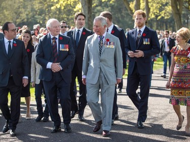 VIMY, FRANCE - APRIL 09: (L-R) French President Francois Hollande; Sophie Trudeau; Governor General of Canada David Johnston; Canadian Prime Minister Justin Trudeau; Prince Charles, Prince of Wales; Prince Harry and Sharon Johnston arrive at the Canadian National Vimy Memorial on April 9, 2017 in Vimy, France. The Prince of Wales, The Duke of Cambridge and Prince Harry along with Canadian Prime Minister Justin Trudeau and French President Francois Hollande attend the centenary commemorative service at the Canadian National Vimy Memorial. The Battle Of Vimy Ridge was fought during WW1 as part of the initial phase of the Battle of Arras. Although British-led it was mostly fought by the Canadian Corps.