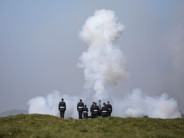 VIMY, FRANCE - APRIL 09: Members of the Canadian Armed Forces fire as they perform a 21 gun salute at the Canadian National Vimy Memorial on April 9, 2017 in Vimy, France. The Prince of Wales, The Duke of Cambridge and Prince Harry along with Canadian Prime Minister Justin Trudeau and French President Francois Hollande attend the centenary commemorative service at the Canadian National Vimy Memorial. The Battle Of Vimy Ridge was fought during WW1 as part of the initial phase of the Battle of Arras. Although British-led it was mostly fought by the Canadian Corps.