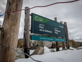 The entrance to Gatineau Park at Chemin Cross Loop in Chelsea, QC.