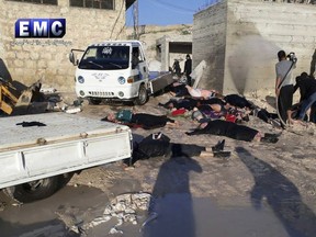 This authenticated photo provided Tuesday, April 4, 2017 by the Syrian anti-government activist group Edlib Media Center, shows  victims of a suspected chemical attack, in the town of Khan Sheikhoun, northern Idlib province, Syria. The suspected chemical attack killed dozens of people.