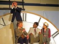 Thomas Gay (L) performs as Phileas Fogg, Nathaniel Harper as Jean Passepartout (2ndFL), Samuel Ogunremi as Detective Fix (2ndFR), and Mary Ellen Cameron as Aouda (R) in Redeemer Christian High School's production of Around the World in Eight Days.