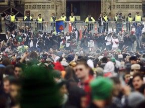Nope, nothing illegal going on here: A purple haze floats over the crowd on the front lawn of Parliament Hill in Ottawa during the 4/20 celebration a few years back.