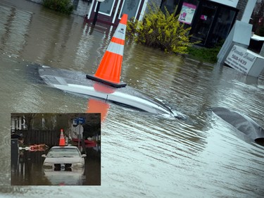 Picture in picture: On Monday, the car with the pylon on the roof was covered. Saturday, inset, more is revealed.