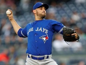 Toronto Blue Jays starting pitcher Marco Estrada delivers during the first inning of a baseball game against the New York Yankees in New York, Monday, May 1, 2017.