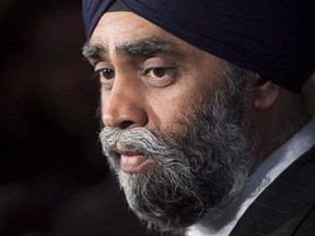 Minister of National Defence Minister Harjit Sajjan speaks with the media after delivering a speech to the Conference of Defence Associations Institute in Ottawa, Wednesday May 3, 2017. Harjit Sajjan will find himself back in the spotlight and on the hot seat today as the Conservatives use their so-called opposition day to renew their attacks against the defence minister&#039;s credibility. THE CANADIAN PRESS/Adrian Wyld