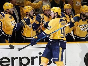In this May 7, 2017, photo, Nashville Predators center Ryan Johansen (92) celebrates after scoring the winning goal against the St. Louis Blues during the third period in Game 6 of a second-round NHL hockey playoff series in Nashville, Tenn. Johansen is the big center the Predators brought in with their first big trade of 2016, lost in all the attention focused on the acquisition of defenseman P.K. Subban. Johansen has been a key piece in Nashville&#039;s run to the franchise&#039;s first ever berth in th