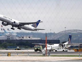 FILE - In this July 25, 2013, file photo, a United Airlines plane takes off from Newark Liberty International Airport, in Newark, N.J. United Airlines told KHOU-TV in Houston that a flight from Houston to Ecuador was delayed on May 11, 2017, after a scorpion was reported aboard the plane. (AP Photo/Julio Cortez, File)