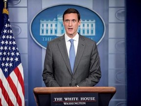 Homeland security adviser Tom Bossert speaks about the mass destruction offensive malware, Monday, May 15, 2017, during the daily press briefing at the White House in Washington. (AP Photo/Andrew Harnik)