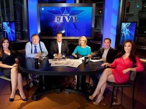 FILE - This July 1, 2013 file photo shows, Kimberly Guilfoyle, from left, Bob Beckel, Eric Bolling, Dana Perino, Greg Gutfeld and Andrea Tantaros co-hosts of Fox News Channel&#039;s &ampquot;The Five,&ampquot; following a taping of the show in New York. Fox News host Guilfoyle said in a Monday, May 15, 2017Â interview with the Mercury News in San Jose, Calif.,Â she is in conversations with the Trump administration about replacing Sean Spicer as White House press secretary. (Photo by Carlo Allegri/Invision/AP, File)