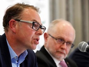 International Paralympic Committee (IPC) President Philip Craven, right, listens to Andrew Parkinson, an independent chairperson of the IPC taskforce, during a press conference, in London, Monday, May 22, 2017. The International Paralympic Committee says there is a ‚Äústrong chance‚Äù that Russia will be banned from the 2018 Winter Paralympics in Pyeongchang because of the country‚Äôs doping scandal. (AP Photo/Frank Augstein)