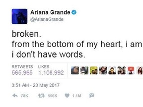 This image taken from the Twitter feed of Ariana Grande on Tuesday May 23, 2017, shows the message from Ariana Grande after the fatal explosion at her concert in Manchester, England. A night highly anticipated by Ariana Grande fans ended in blood and terror after police said a suicide bomber detonated explosives at the Manchester Arena. At least 22 concertgoers were killed and about 60 others were wounded in the Monday night bombing. (Twitter@Ariana Grande via AP)