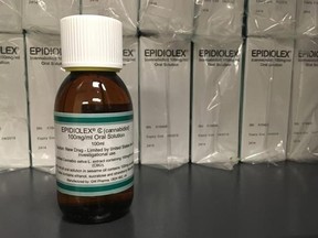 This Tuesday, May 23, 2017, photo shows GW Pharmaceuticals&#039; Epidiolex, a medicine made from marijuana, but without TCH, in New York. A study published Wednesday by the New England Journal of Medicine shows that the medicine cut seizures in kids with a severe form of epilepsy, which strengthens the case for more research into pot&#039;s possible health benefits. (AP Photo/Kathy Young)