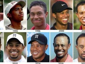 These are file photos by year showing Tiger Woods, starting in 1994 and ending with a 2017 photo provided by the Palm Beach County Sheriffs Office on Monday, May 29, 2017.