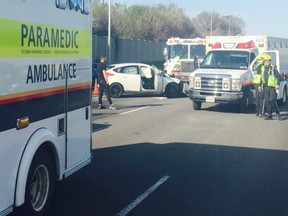 A woman suffered head and muscle injuries in this crash on Highway 417 near Parkdale Thursday morning.