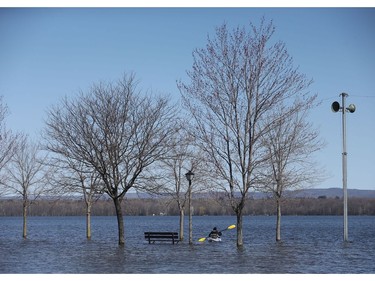 A man kayaks in Britannia Bay Park in Ottawa Monday April 24, 2017. High water still have park of the park flooded.