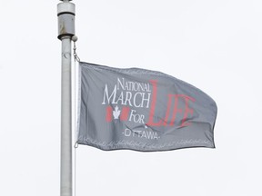 The March For Life flag flew briefly at Ottawa City Hall Thursday.