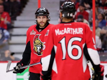 Bobby Ryan makes eye contact with Clarke MacArthur shortly before they combined on a goal late in the second period.