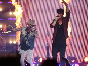 Bryan Kelly and Tyler Hubbard of Florida Georgia Line perform at the Saddledome in Calgary, Ab., on Saturday Nov. 19, 2016.