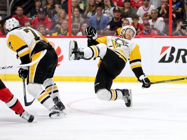 Carter Rowney slips in the second period as the Ottawa Senators take on the Pittsburgh Penguins in Game 3 of the NHL Eastern Conference Finals at the Canadian Tire Centre.  Wayne Cuddington/Postmedia