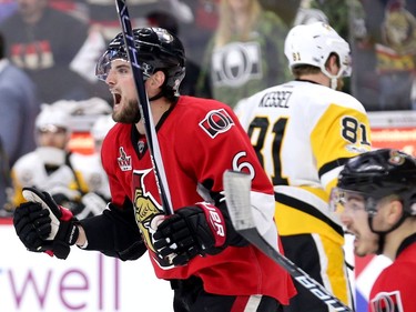 Chris Wideman celebrates the Sens' second goal.