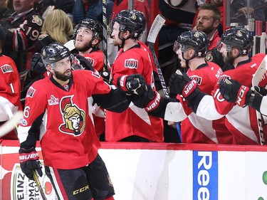 Clarke MacArthur is congratulated by the bench after scoring late in the second period.
