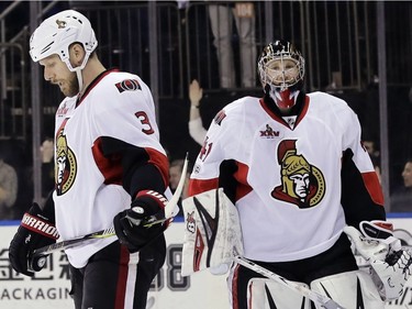Ottawa Senators' Marc Methot (3) and goalie Craig Anderson (41) react after New York Rangers' Rick Nash scored a goal during the second period of Game 3 of an NHL hockey Stanley Cup second-round playoff series Tuesday, May 2, 2017, in New York.
