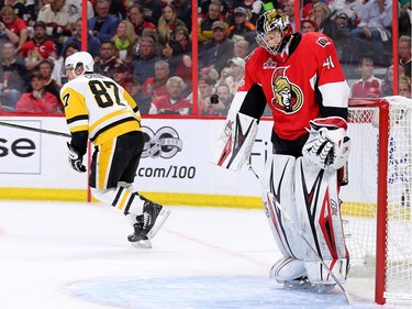 Craig Anderson reacts after being scored on by Sidney Crosby in the second period.