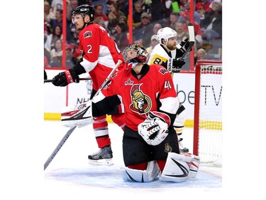 Craig Anderson reacts after being scored on when the puck deflected off Dion Phaneuf's skate in the second period.
