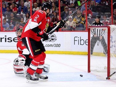 The puck bounces in off the skate of Dion Phaneuf in the second period.