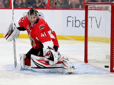 Craig Anderson watches as the puck just misses the net in the second period as the Ottawa Senators take on the Pittsburgh Penguins in Game 3 of the NHL Eastern Conference Finals at the Canadian Tire Centre.  Wayne Cuddington/Postmedia