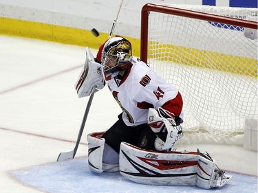 Ottawa Senators goalie Craig Anderson (41) gives up a goal during the second overtime period of Game 7 of the Eastern Conference final against the Pittsburgh Penguins in the NHL Stanley Cup hockey playoffs in Pittsburgh, Thursday, May 25, 2017. Penguins won 3-2 in overtime.