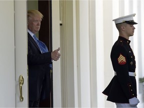 President Donald Trump gives a thumbs-up after walking Palestinian leader Mahmoud Abbas to his car following a visit to the White House in Washington, Wednesday, May 3, 2017. That instance, writes Terry Glavin, is yet another example of the president's behaviour that has Israel on edge.