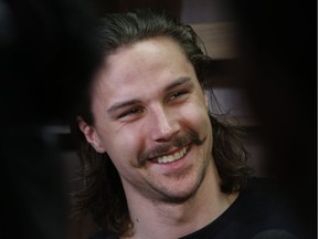 Ottawa Senators defenceman Erik Karlsson talks with reporters in the Senators' dressing room in Ottawa on Saturday, May 27, 2017. He said the moustache is likely going to go.