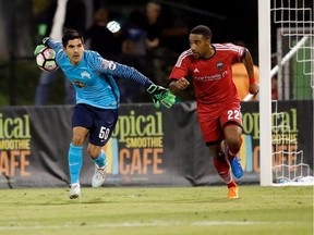 Fury FC midfielder Jamar Dixon, right, pressures Tampa Bay Rowdies keeper Akira Fitzgerald during a USL contest at Tampa, Fla., on April 8.