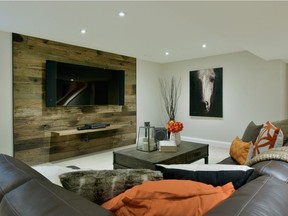 A beautiful new family room is situated in the finished basement.