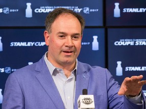 GM Pierre Dorion in his press conference as he and a few of the Ottawa Senators players met with the media on a day off from the ice while they prepare to meet the Pittsburgh Penguins in the Eastern Conference Finals beginning on Saturday.