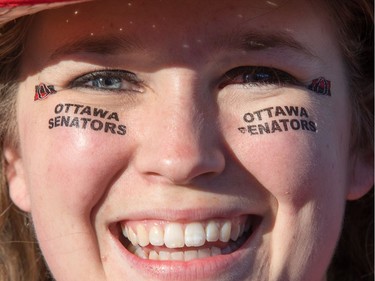 In the Red Zone is Toronto native Sam Manifold with some Senators decals under her smiling eyes.