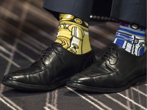 Prime Minister Justin Trudeau's Stars Wars-themed socks are seen as he meets with his Irish counterpart Enda Kenny Thursday, May 4, 2017 in Montreal.