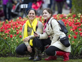 L-R Maranda Davids and Jaclyn Corbett were visiting from Boston and took a selfie in Commissioners Park during the Canadian Tulip Festival Sunday May 14, 2017.