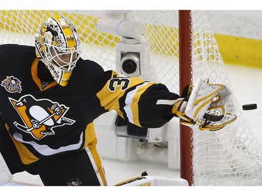 Pittsburgh Penguins goalie Matt Murray (30) blocks a shot during the second period of Game 7 of the Eastern Conference final against the Ottawa Senators in the NHL Stanley Cup hockey playoffs in Pittsburgh, Thursday, May 25, 2017.