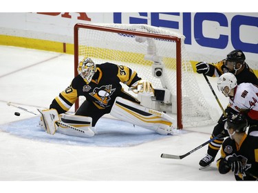 Pittsburgh Penguins goalie Matt Murray (30) blocks a shot during the second period of Game 7 of the Eastern Conference final against the Ottawa Senators in the NHL Stanley Cup hockey playoffs in Pittsburgh, Thursday, May 25, 2017.