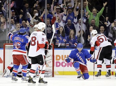 New York Rangers' Michael Grabner celebrates after scoring a goal during the first period of Game 3 of the team's NHL hockey Stanley Cup second-round playoff series against the Ottawa Senators, Tuesday, May 2, 2017, in New York.