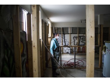 Myriam Talbot works at a Gatineau rental property she owns with Jean-Francois Hebert. They were told they will have no funding for the rebuild. Water levels in Gatineau have started to come down in the flooding but major damage is starting to show Saturday May 13, 2017.