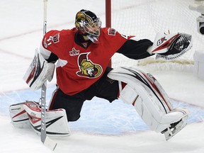 Ottawa Senators goalie Craig Anderson makes a save against the Pittsburgh Penguins during the first period of Game 4. He made a series-high 32 saves in a 3-2 loss.