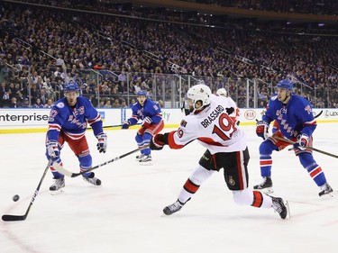 Derick Brassard #19 of the Ottawa Senators takes the first period shot against the New York Rangers in Game Four of the Eastern Conference Second Round during the 2017 NHL Stanley Cup Playoffs at Madison Square Garden on May 4, 2017 in New York City.