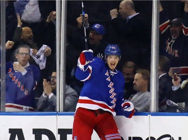 Nick Holden #22 of the New York Rangers celebrates his first period goal against the Ottawa Senators in Game Four of the Eastern Conference Second Round during the 2017 NHL Stanley Cup Playoffs at Madison Square Garden on May 4, 2017 in New York City.