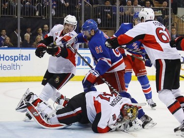 NEW YORK, NY - MAY 04: Craig Anderson #41 of the Ottawa Senators makes a second period save on Rick Nash #61 of the New York Rangers in Game Four of the Eastern Conference Second Round during the 2017 NHL Stanley Cup Playoffs at Madison Square Garden on May 4, 2017 in New York City.
